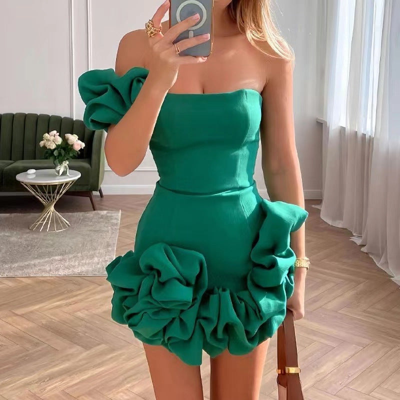 26summernew arrival cross-border european and american women's clothing dress ruffles bud waist dress one shoulder tube top hip skirt