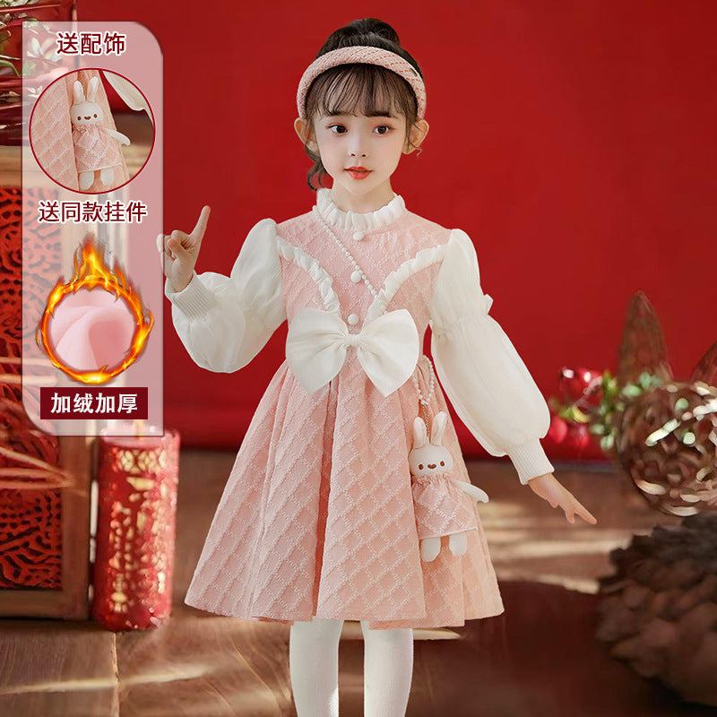 Hot-selling girls' dresses in stock: festive red new year outfit with plush lining - stylish and trendy winter wear for kids