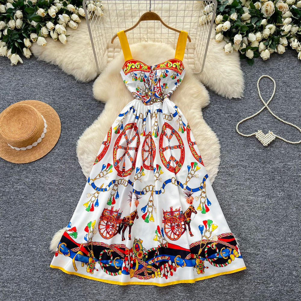 Vacation style carriage printing suspender dress women's summer sleeveless high waist silmelegant mid-length skirt french