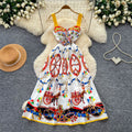 Vacation style carriage printing suspender dress women's summer sleeveless high waist silmelegant mid-length skirt french