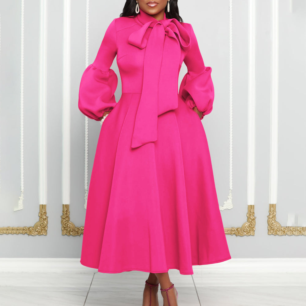 Independent station export women's clothing spring new arrival puff sleeves bowstie back large skirt high waist dress fashiondress