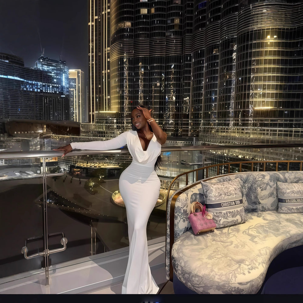 European and american cross-border women's fashion:  autumn new arrival - solid color one-sleeve deep v-neck bodycon elegant long dress