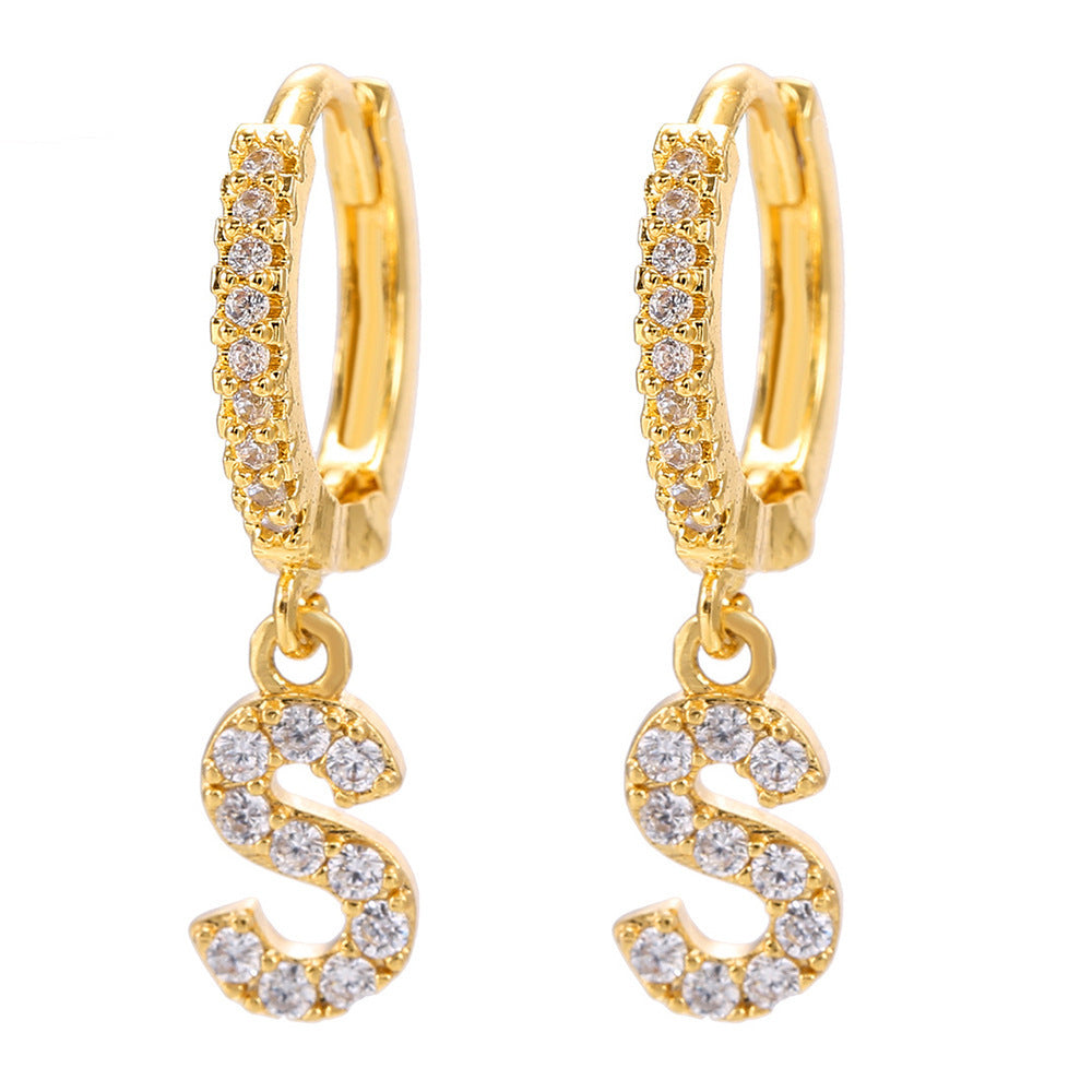 European and american gold-plated micro-paved zircon 26-letter initial pendant earrings - fashionable, unique, high-end, and chic hoop earrings with tassel detail