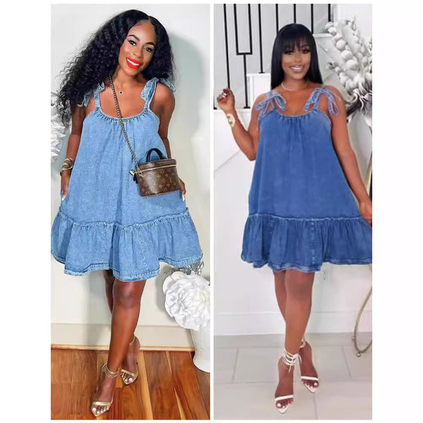 Foreign trade  European and American hot-selling new women's clothing personalized fashion splicing suspenders straps washing denim dress women