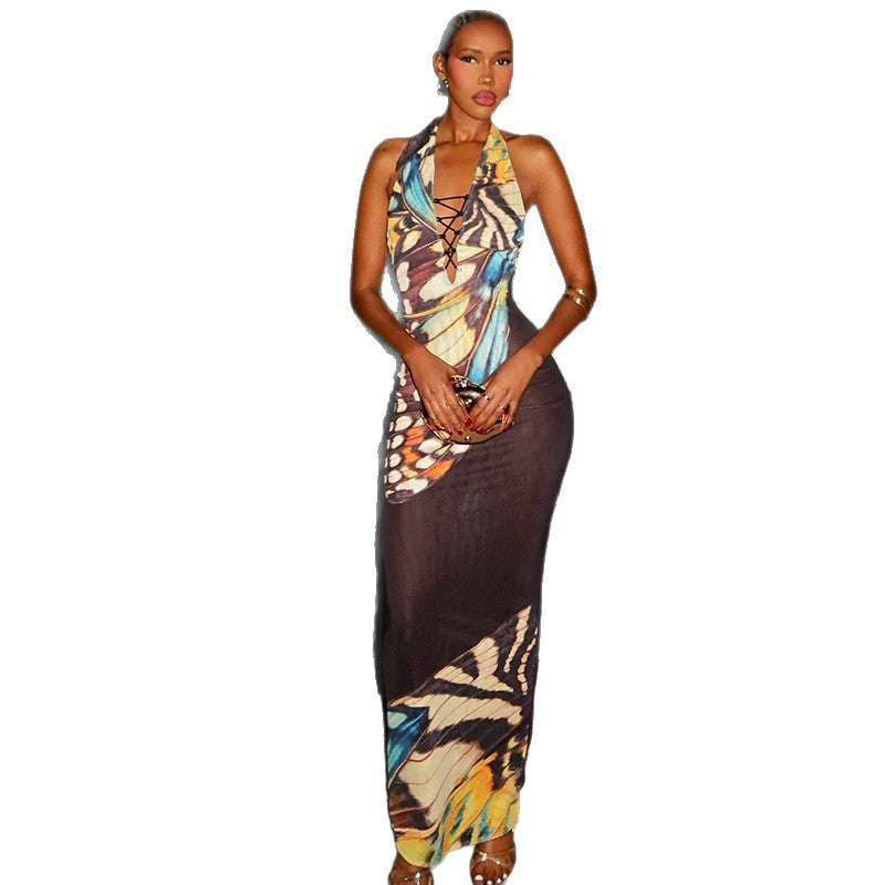 Fashion style insexportretroelegant women's printed sleeveless hip skirt hiking deep v neck halter trendy dress