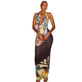 Fashion style insexportretroelegant women's printed sleeveless hip skirt hiking deep v neck halter trendy dress