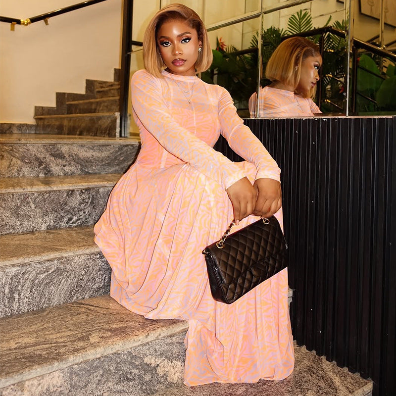 European and American  women's clothing 2025 summer new temperament semi-turtleneck long-sleeved printed slim-fitting and thin long dress