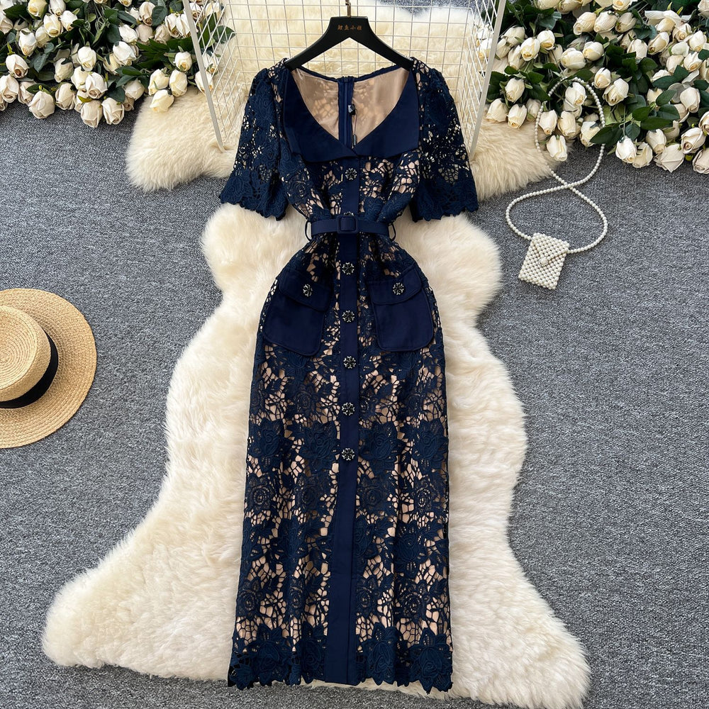 Luxury chic court style collared dress - women's summer hollow-out crochet embroidery single-breasted design exquisite maxi dress