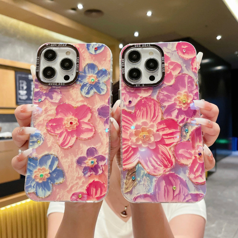 Metal frame suitable for apple 15 mobile phone case iphone17pro blu-ray glue rainbow oil painting flower bracelet