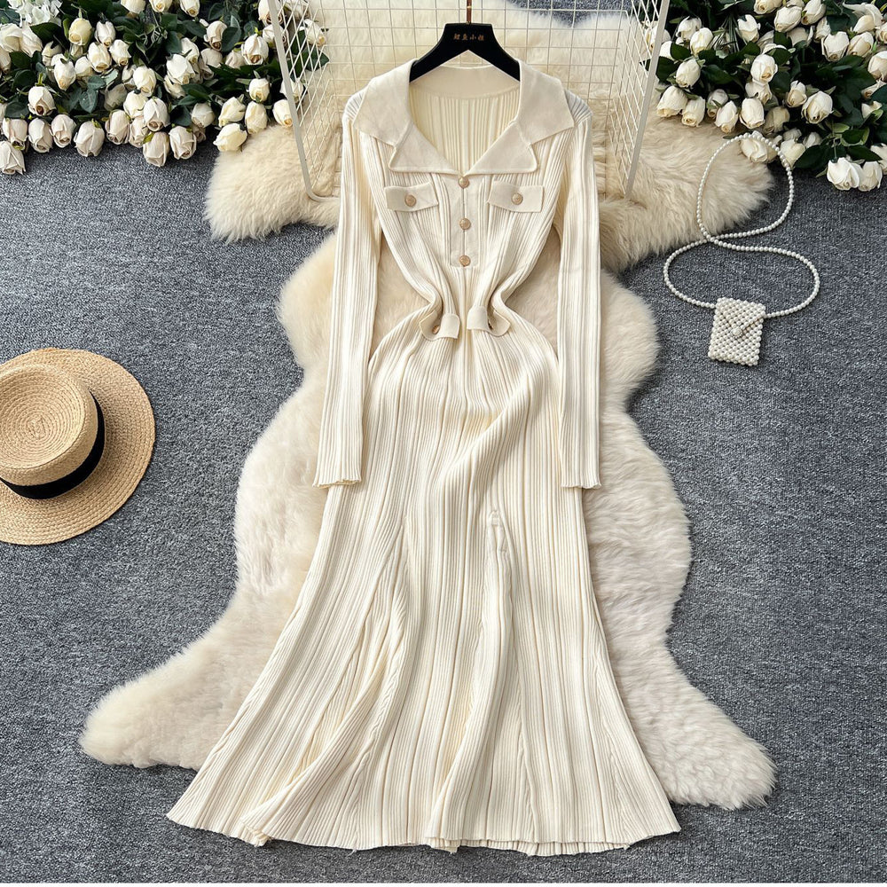 export tweed styleelegance lapel long sleeves metal button waist knittingdressautumslimming look midi skirt