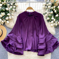 European and american chic ruffle trim flared sleeve satin blouse - women's  autumn collection, high-end versatile top