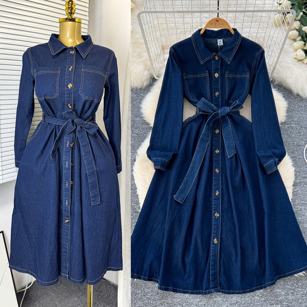 Exportretrofashion lapel long sleeves denim dress women's tie back waist single breasted a-line knee length skirt dress
