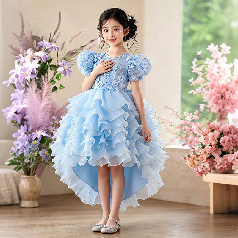 Girl dress trailing flower girl wedding dress puff sleeves new arrival cake skirt kids princess dressgirl dress