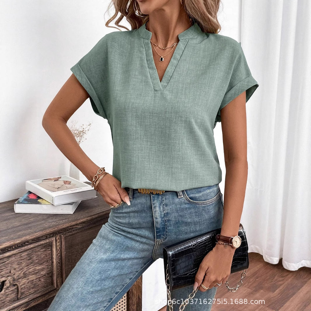 European and american cross-border women's fashion:  summer new arrivals - minimalist chic v-neck short-sleeve linen blouse/shirt for women