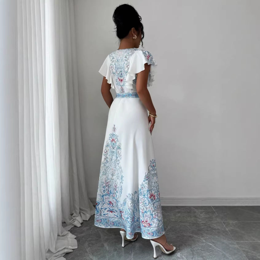 spring/summer court style stand collar double-breasted lantern sleeve printed maxi dress with lace trim