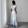 spring/summer court style stand collar double-breasted lantern sleeve printed maxi dress with lace trim