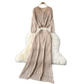 Korean style women's gentle & versatile hollow-out crochet long sleeve knit cardigan top + high-waisted slimming midi skirt