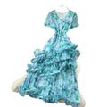 French chic v-neck floral dress - women's summer irregular short sleeve, slim fit a-line maxi dress - perfect for vacation