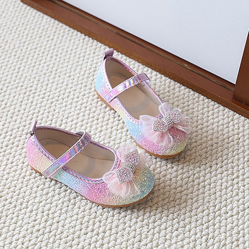new gradient rainbow girls' princess shoes - rhinestone mesh bow soft sole flats with velcro closure