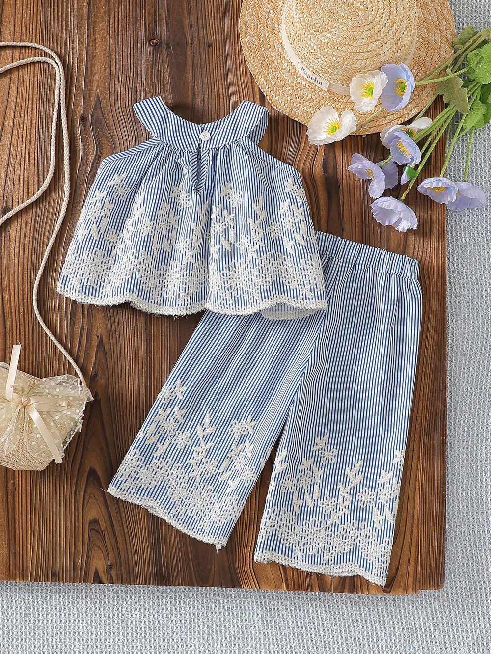 spring/summer cross-border exclusive: premium embroidered flutter sleeve top + casual straight-leg pants two-piece set for infants and toddlers