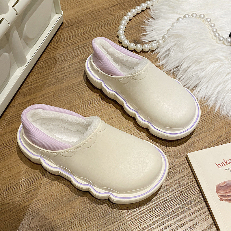 Waterproof cotton slippers for women, suitable for wearing outdoors in autumn and winter. thick-soled, closed-back cotton slippers, indoor/outdoor fuzzy slippers, non-slip postpartum shoes