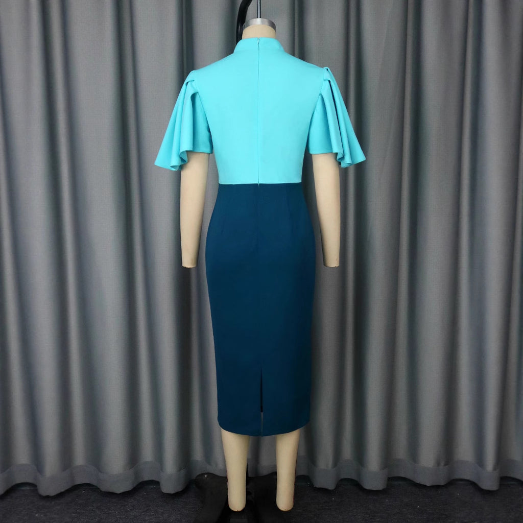 Cross-border new retro semi-turtleneck contrasting color lotus leaf sleeve dress, high waist slim and elegant party dress