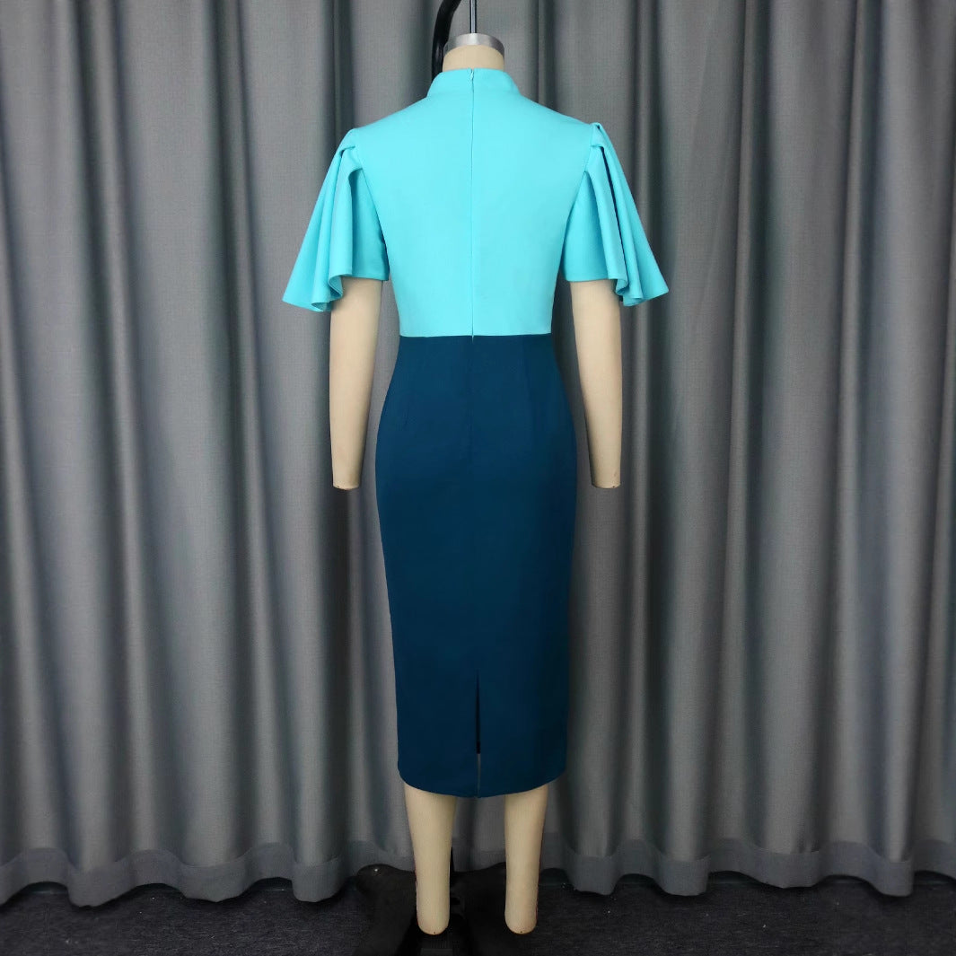 Cross-border new retro semi-turtleneck contrasting color lotus leaf sleeve dress, high waist slim and elegant party dress