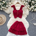 Summer outfit set for petite women: gentle style square neck cami top with flutter sleeves and ruffle mini skirt