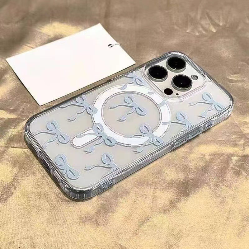New arrival suitable for apple 17promax mobile phone case 16plus blue pink bow magnetic transparent mobile phone protective case