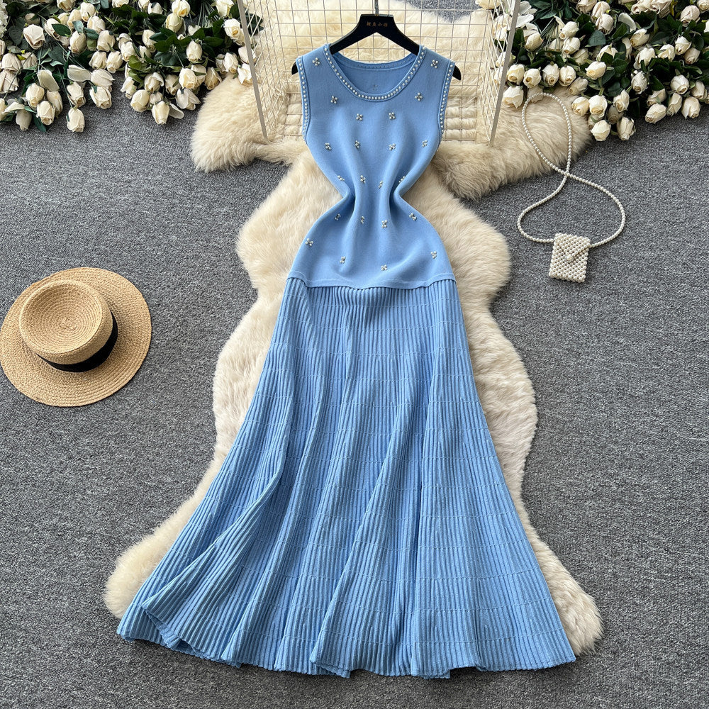 French chic sleeveless beaded knit dress - women's summer high-waisted a-line dress - slimming, elegant, and versatile workwear maxi dress