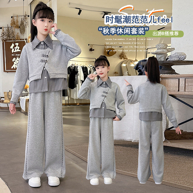 Girls' casual activewear set -  spring/autumn new arrival: stylish and trendy two-piece faux layered sweatshirt and wide-leg pants set