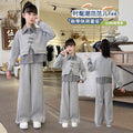 Girls' casual activewear set -  spring/autumn new arrival: stylish and trendy two-piece faux layered sweatshirt and wide-leg pants set