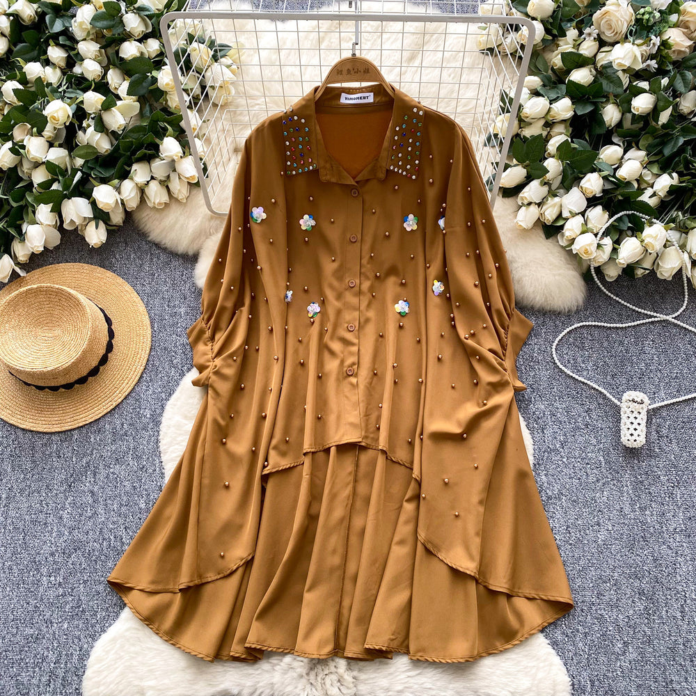 Fashionfashionable heavy industry beading stereo flower shirt women's sense of design asymmetrical loose bat sleeve tops