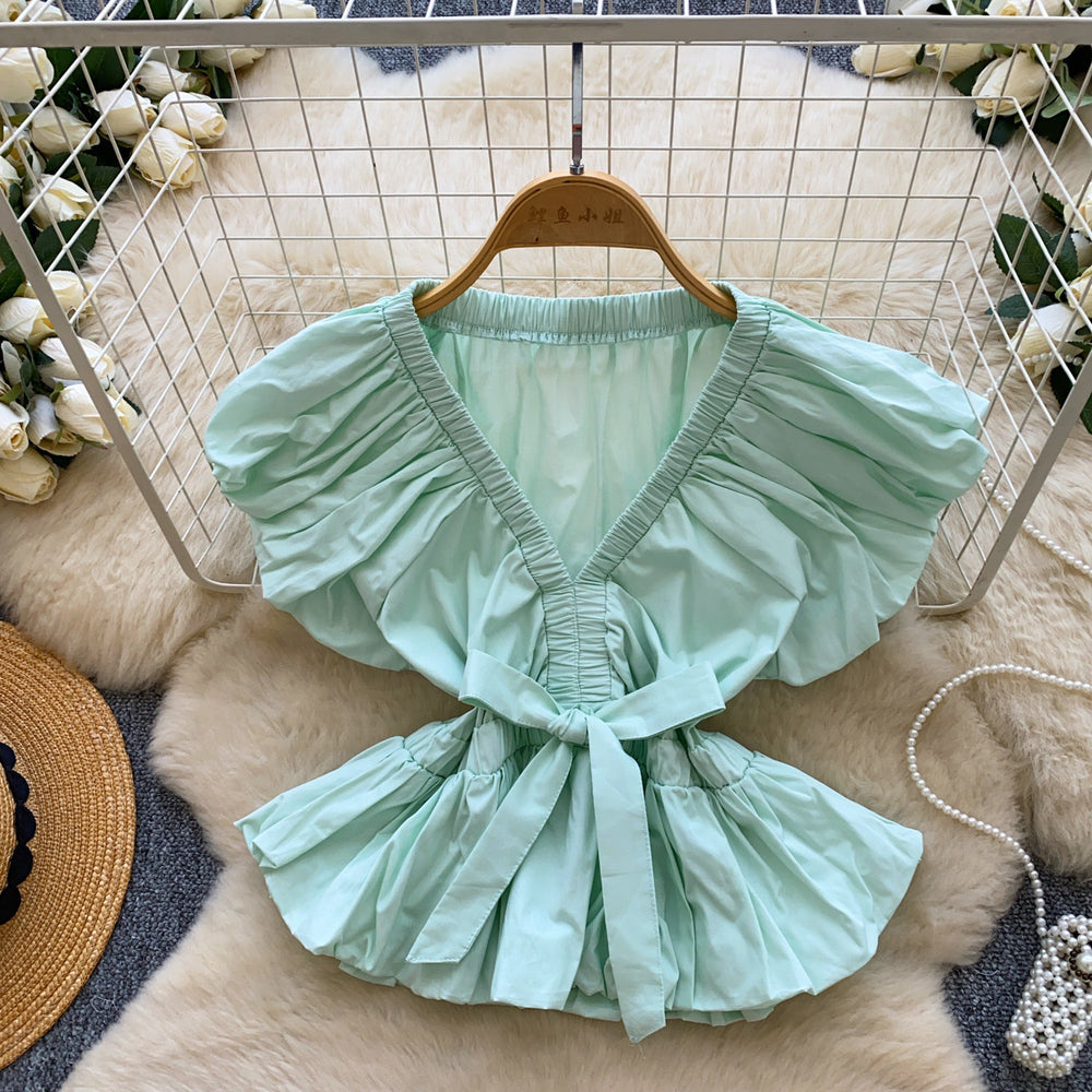 new french style bow tie v-neck ruched short sleeve blouse - korean style, chic, and youthful top for work and casual wear