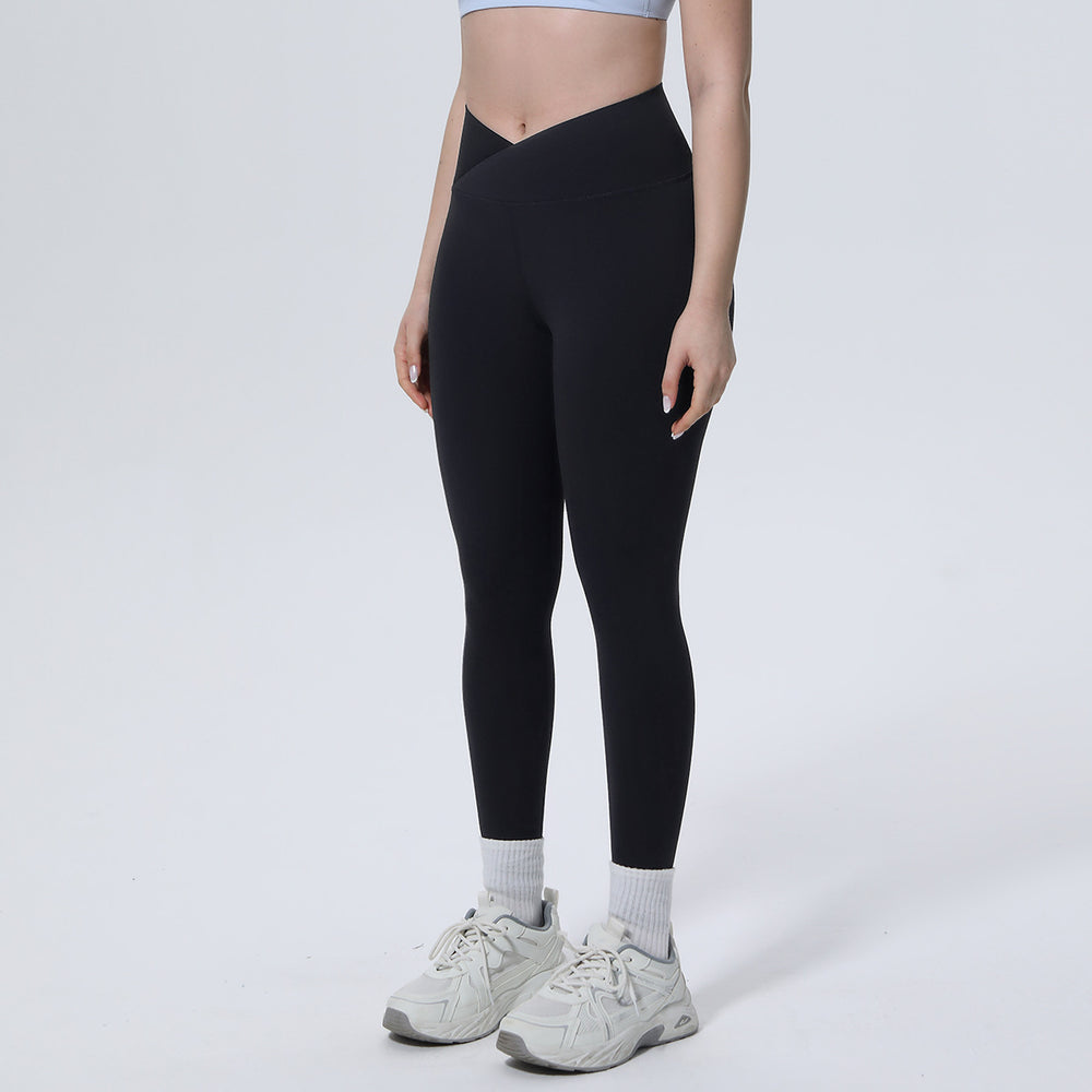 New arrival cross-border fashionpure color double-sided nylon seamless cross-waist tight yoga pants sports running fitness yoga