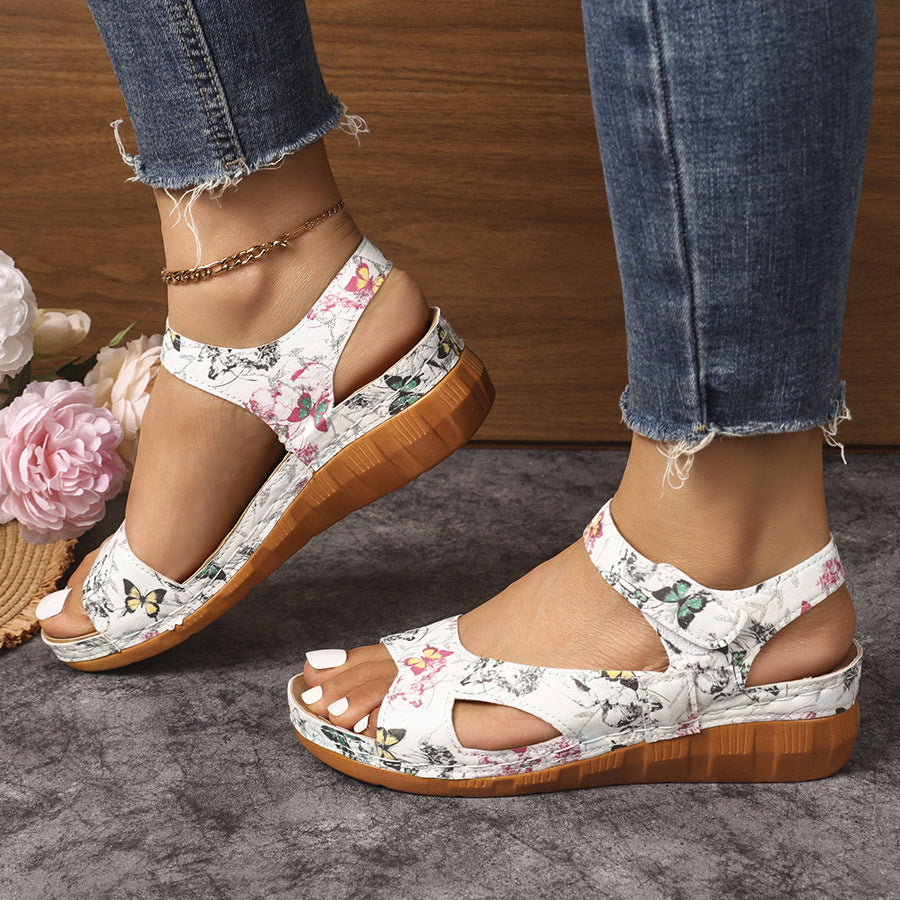 foreign trade new arrival wedge thick-soled sandals for women cross-border large size one-piece strap fish mouth velcro beach sandals