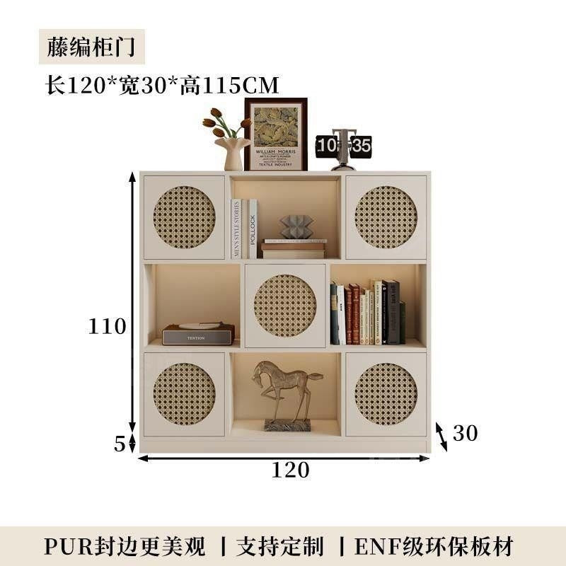Half wall solid wood bookcase low cabinet storage cabinet all-in-one living room side cabinet combination cabinet storage rack color matching rattan bookshelf