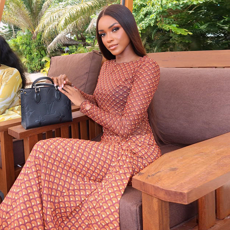 European and american style ins cross-border chic women's pleated tie-strap printed a-line dress - round neck, long sleeve, casual vacation dress