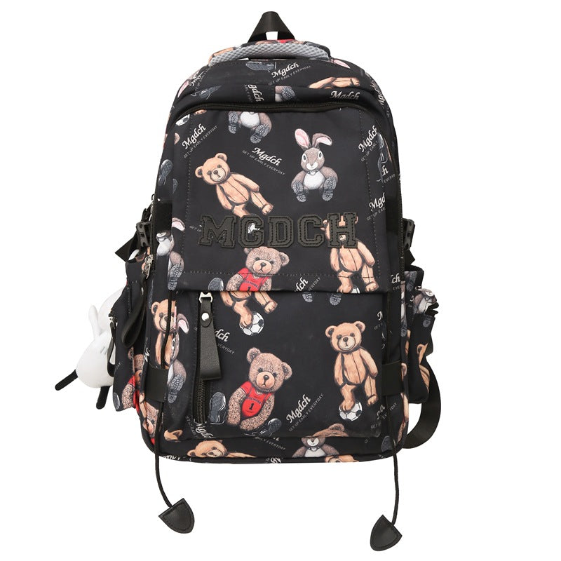 New schoolbag for female junior high school students, simple printed bear, large-capacity backpack, trendy college student couple computer bag