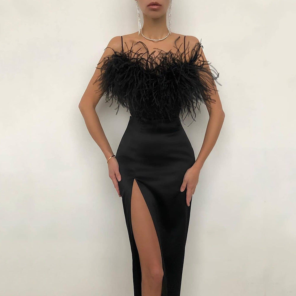 cross-border new spring/summer european and american style women's camisole feather dress - banquet, slim-fit, elegant, figure-flattering, sleeveless evening gown