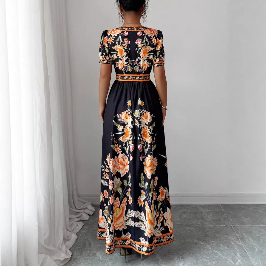 spring new arrival: v-neck ethnic print satin wrap maxi dress