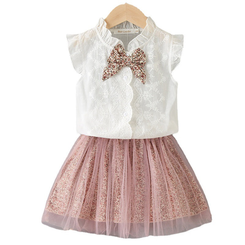 European and american cross-border summer new girls' sleeveless bow shirt and leopard print mesh skirt two-piece set children's clothing