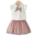 European and american cross-border summer new girls' sleeveless bow shirt and leopard print mesh skirt two-piece set children's clothing
