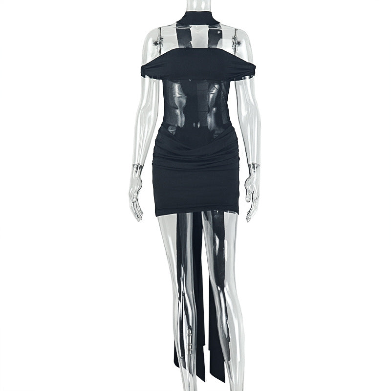 Fashion style cross-border waist women's home pure color slightly see-through hip skirt pleated sexy tube top short light dress trendy