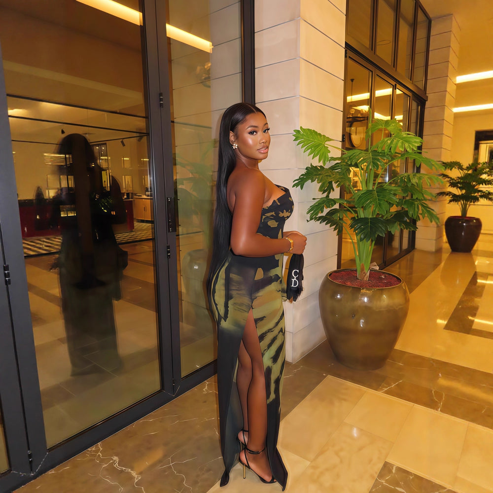 European and american cross-border chic women's clothing:  autumn new sleeveless one-shoulder ribbon bandage tube top long slit dress