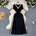 Frenchretro hepburn style little black dress for women, slightly fat, slimming look, retrocontrast colorv neck, short-sleeved, high waist, mid-length skirt