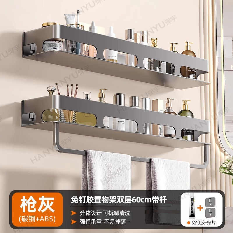 No punching, toilet rack, bathroom shelf, toilet, toilet, toiletries, wall hanging, wall storage rack