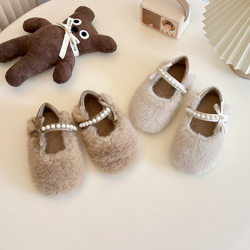 Pearl bow one-word with velvet light mouth fluffy cotton shoes 2024 winter new lazy one-pedal Doudou shoes