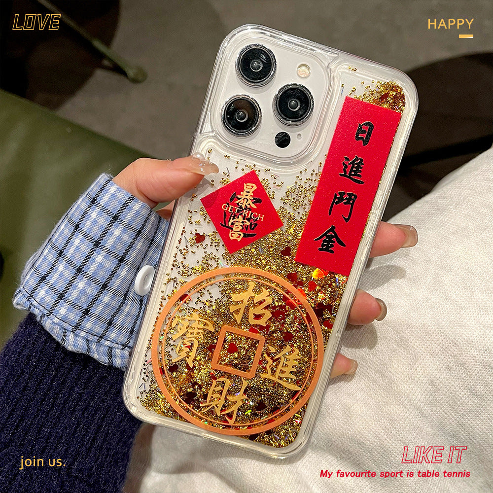 Gold foil quicksand iphone 16 pro case - attract wealth & treasure - apple 11 transparent protective cover - apple 17