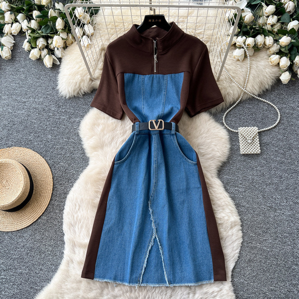 Korean style faux two-piece denim patchwork slit dress - women's summer short sleeve v-neck slimming a-line dress